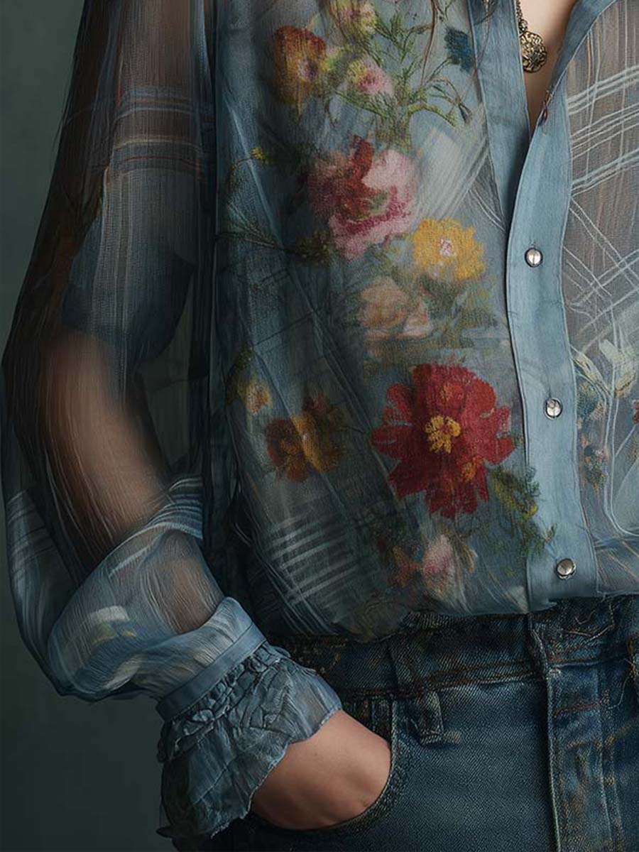 Vintage-Inspired Sheer Floral Blouse with Button Details