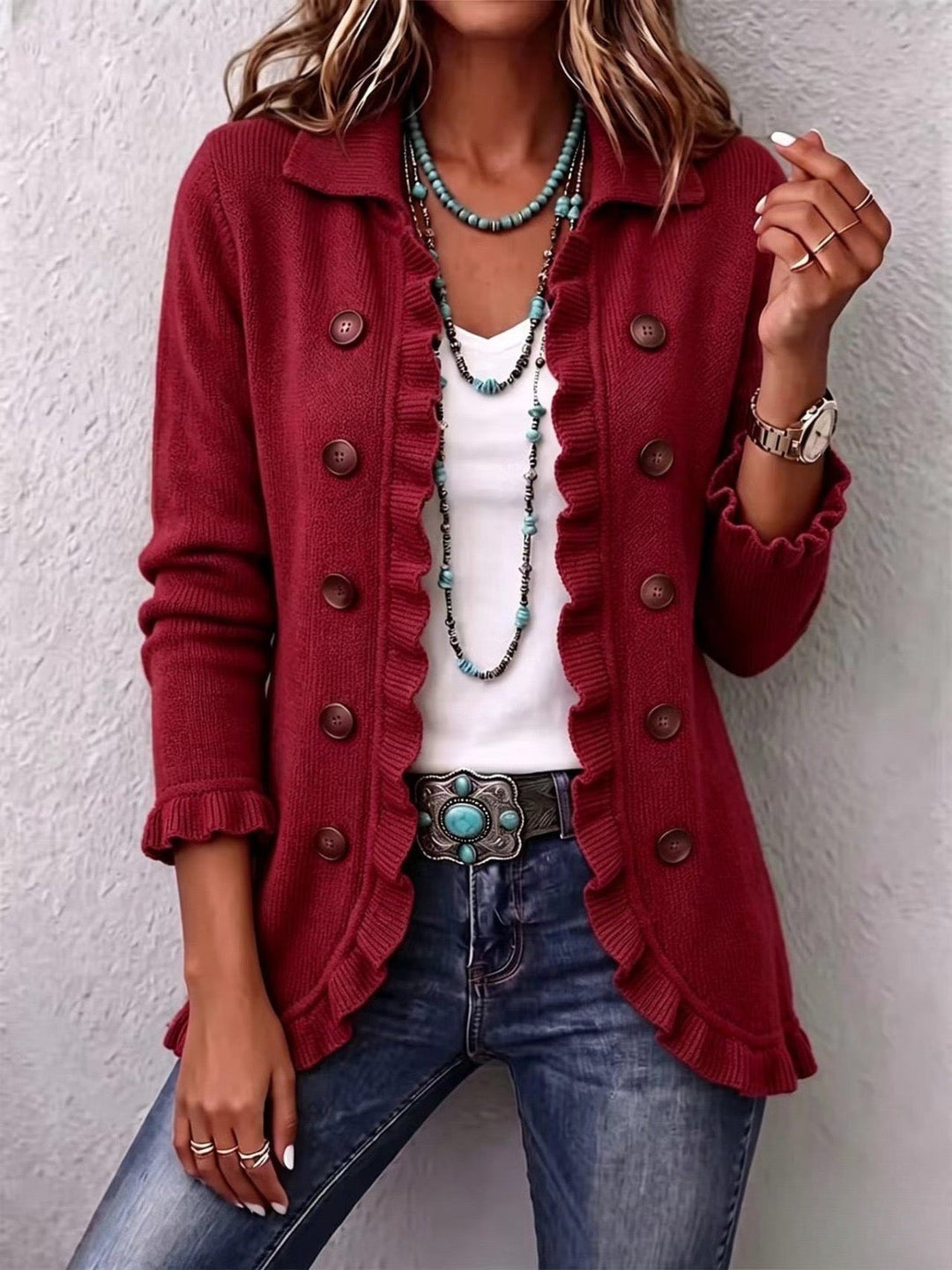 Verona | Ruby Red Ribbed Knit Ruffle Jacket
