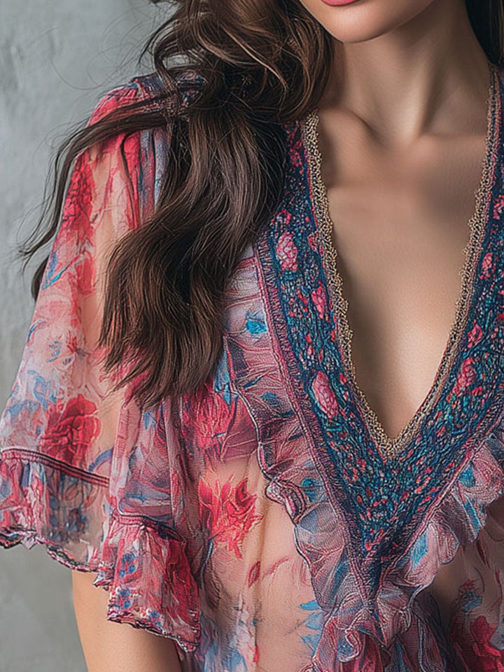 Bohemian V-Neck Blouse with Sheer Floral Details