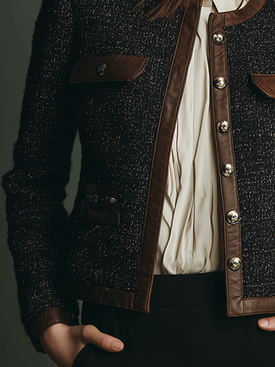 Timeless Vintage Tweed Jacket Featuring Leather Accents
