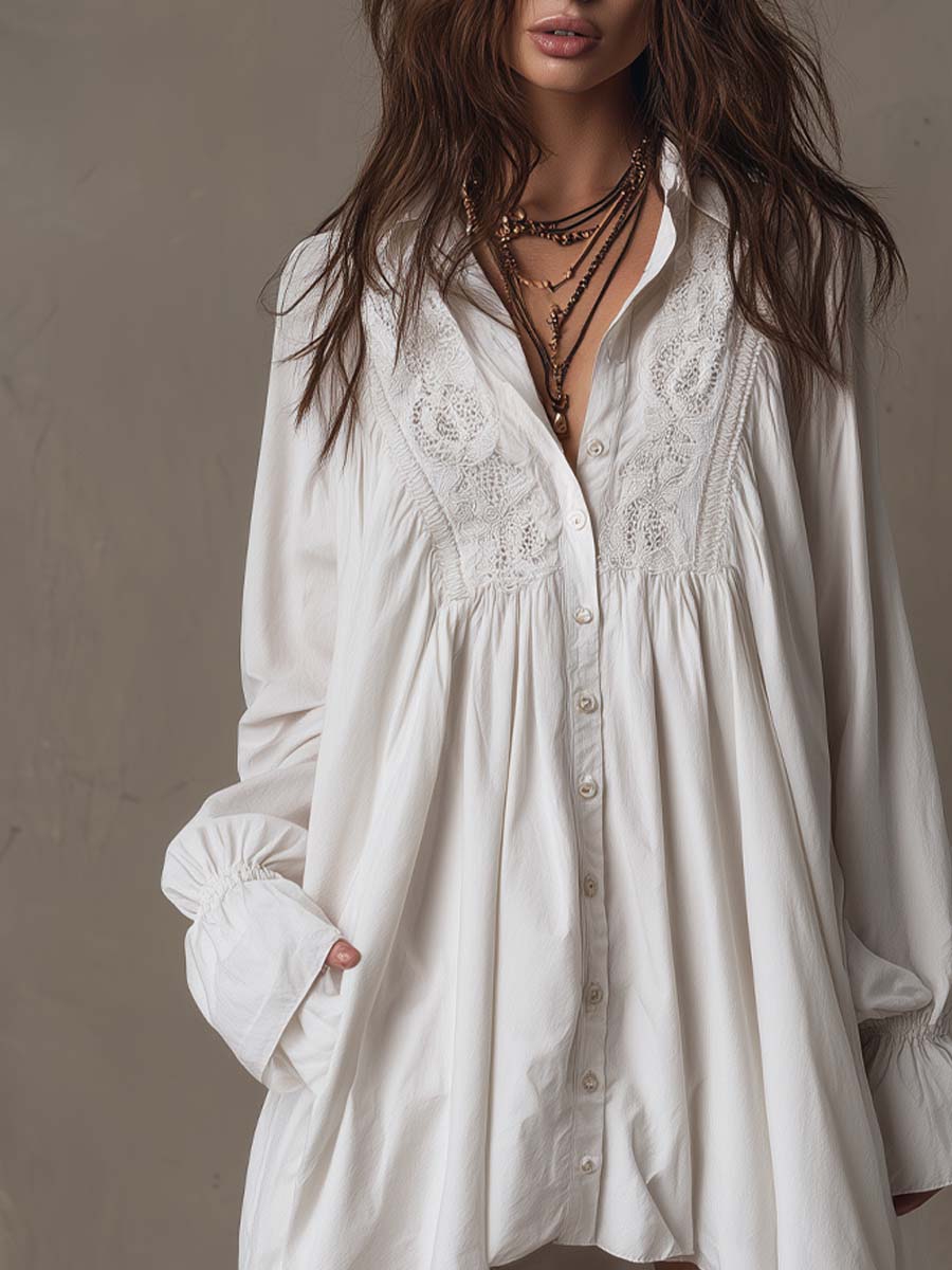 Long Sleeve Mini Dress with Vintage Lace and Asymmetrical Design