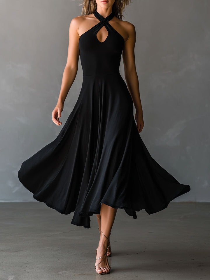 Vintage-Inspired Black Midi Dress with Neck Tie