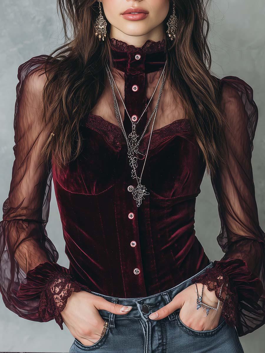 Vintage-Inspired Velvet Blouse with Sheer Sleeves