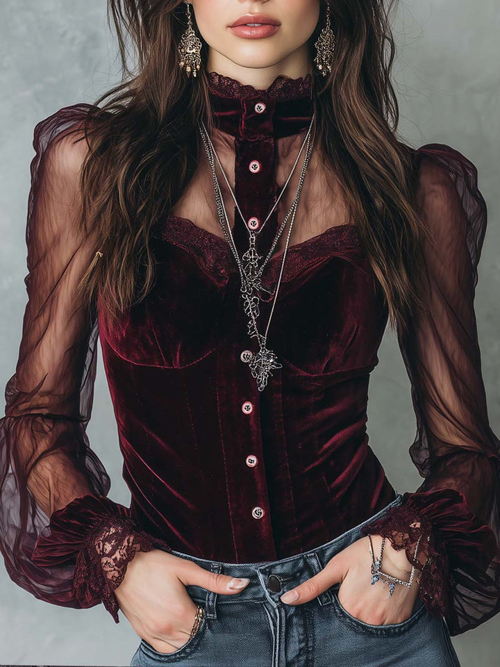 Vintage-Inspired Velvet Blouse with Sheer Sleeves