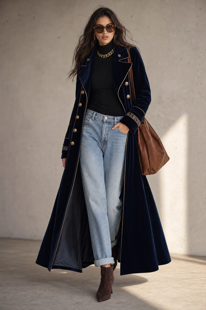 Navy Long Coat with Velvet Sleeves and Double Embroidery, Featuring Elegant Gold Accents
