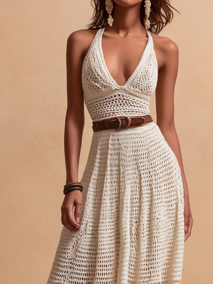 Elephant-Colored Handmade Maxi Dress with Crochet Detail and Waist Belt