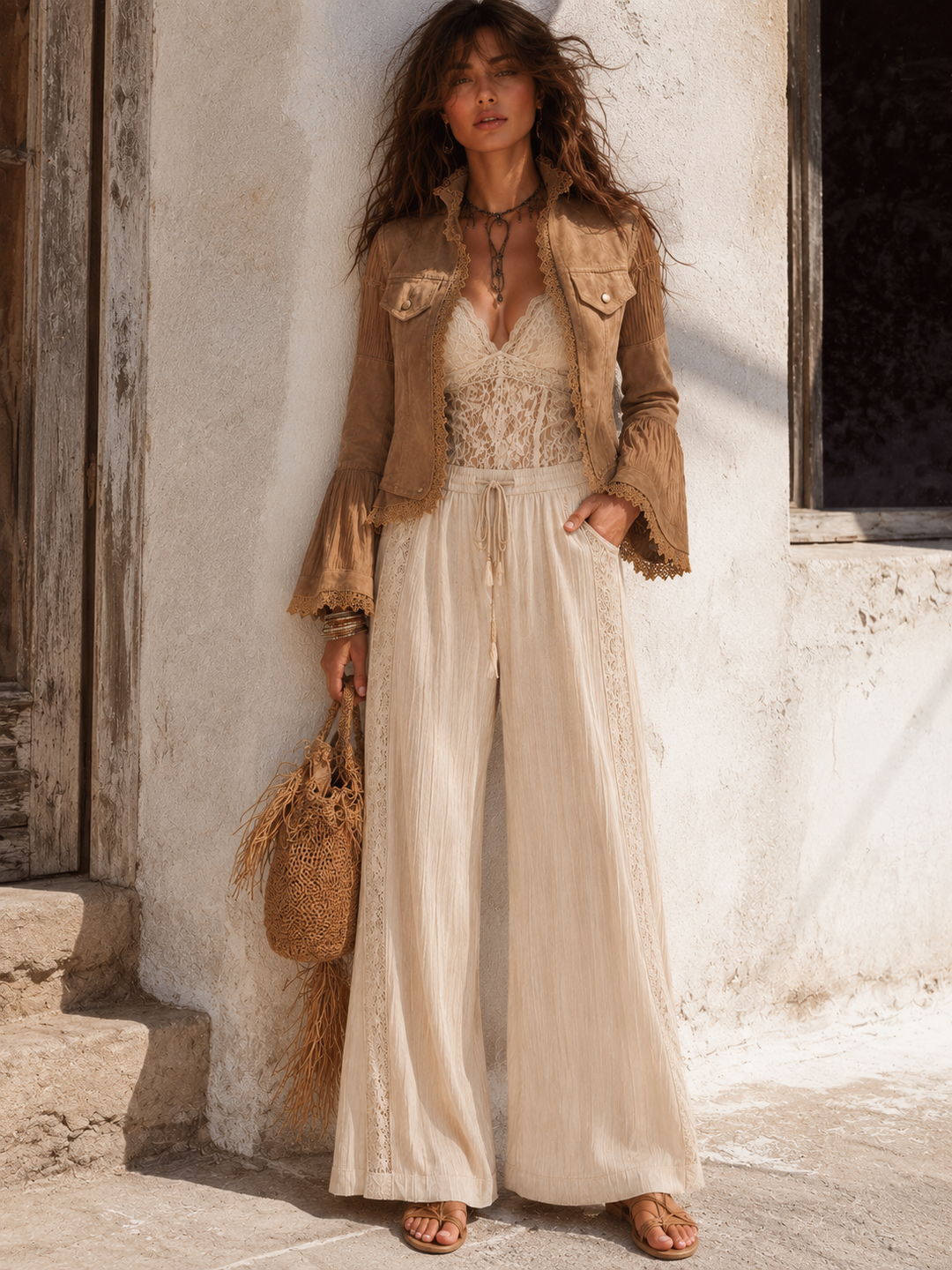 Vintage Bohemian Lace Jacket with Patchwork Pockets and Sheer Long Sleeves