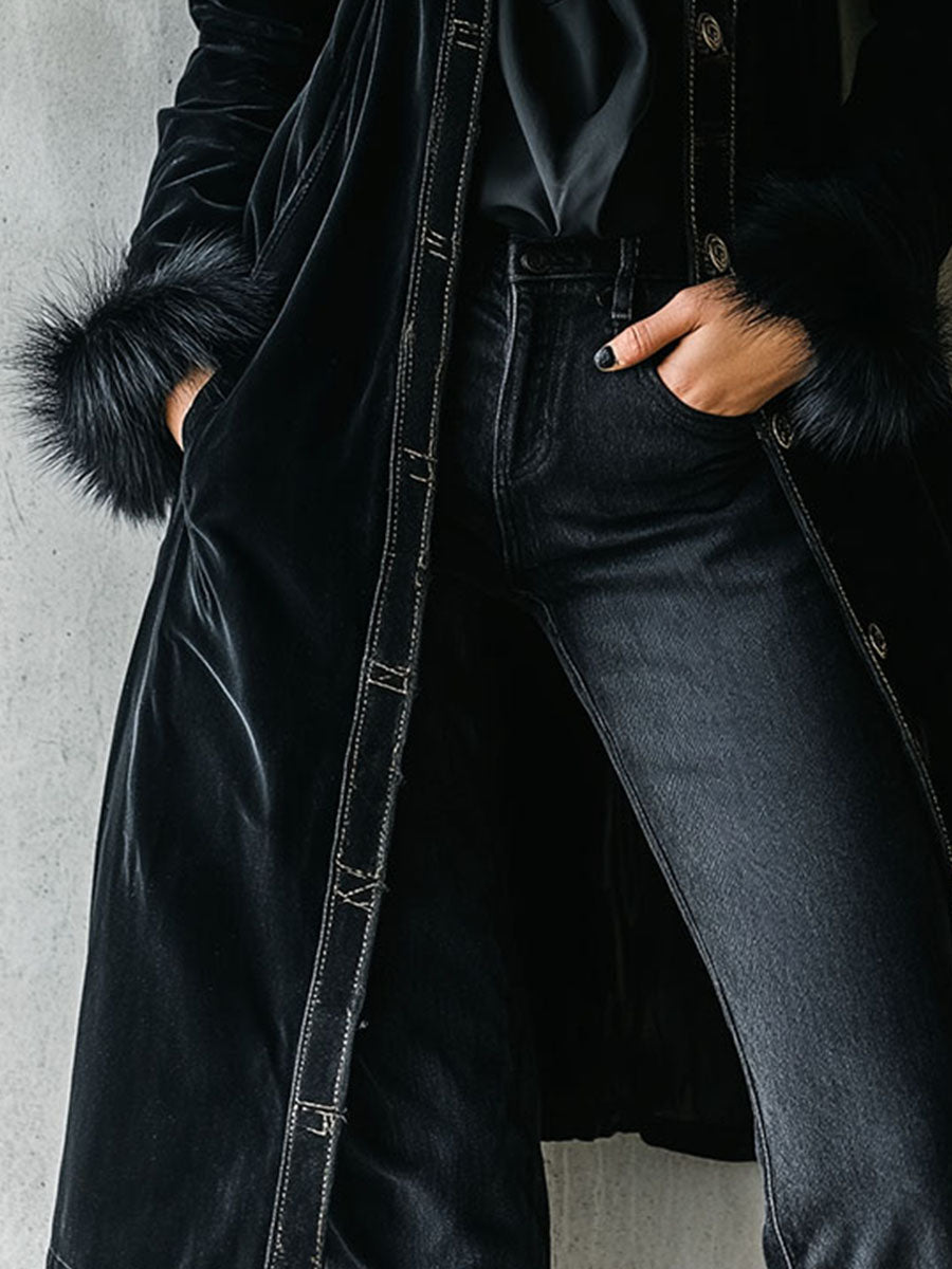 Chic Long Black Velvet Coat with Eco-Friendly Fur Trim on Collar and Sleeves