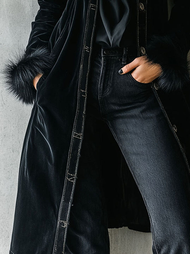Chic Long Black Velvet Coat with Eco-Friendly Fur Trim on Collar and Sleeves