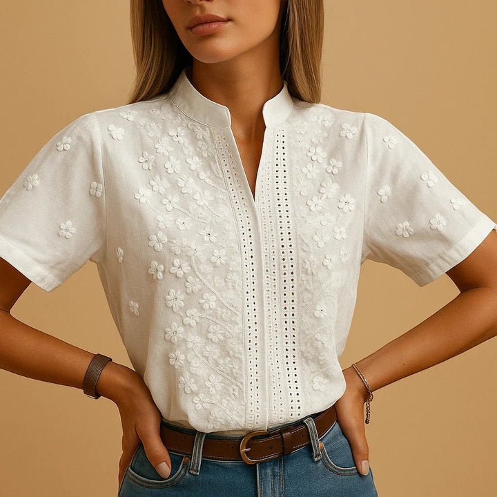 Cambria – Women's Blouse with Cut-Out Neckline and Embroidery