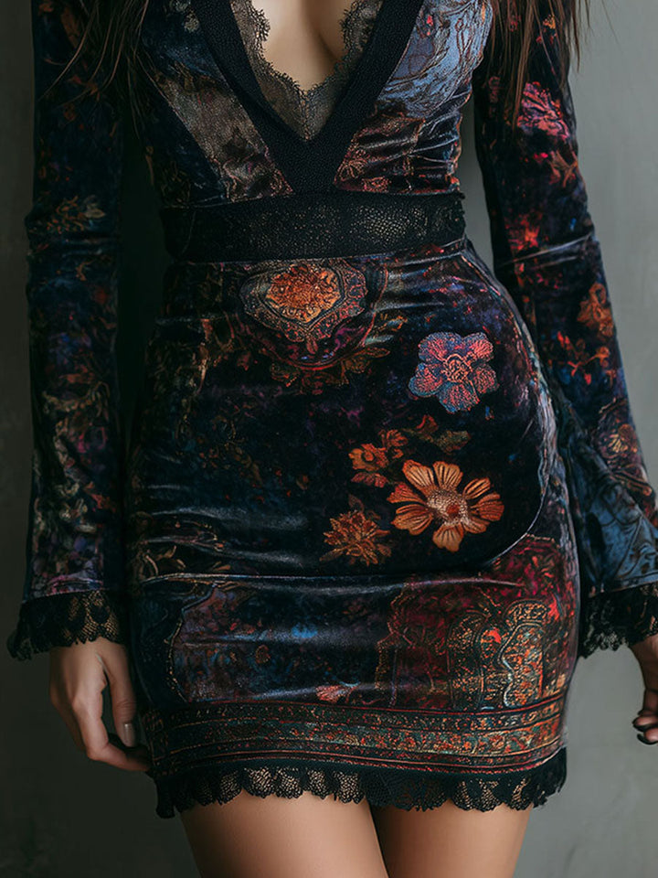 Floral Velvet V-Neck Lace Bodycon Mini Dress