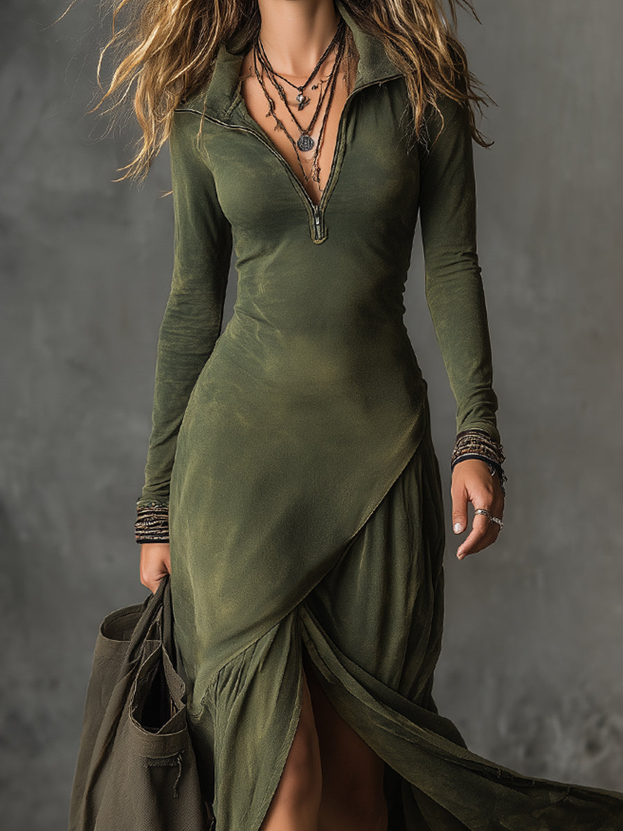 Bohemian Cotton Midi Dress with Low Zip and Side Split