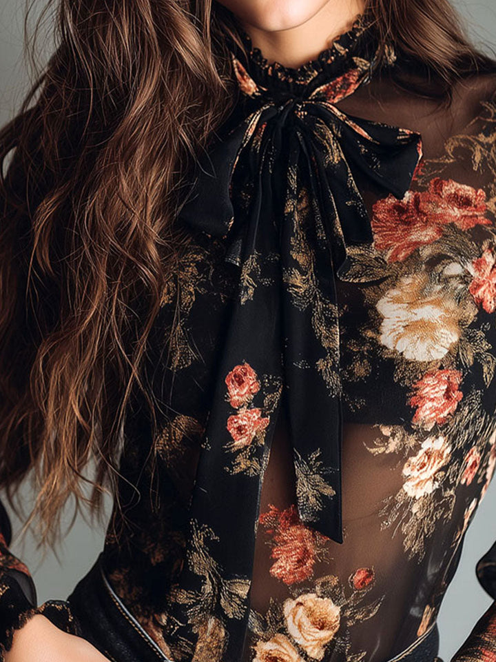 Retro Black Sheer Satin Blouse with Floral Design and Neck Tie