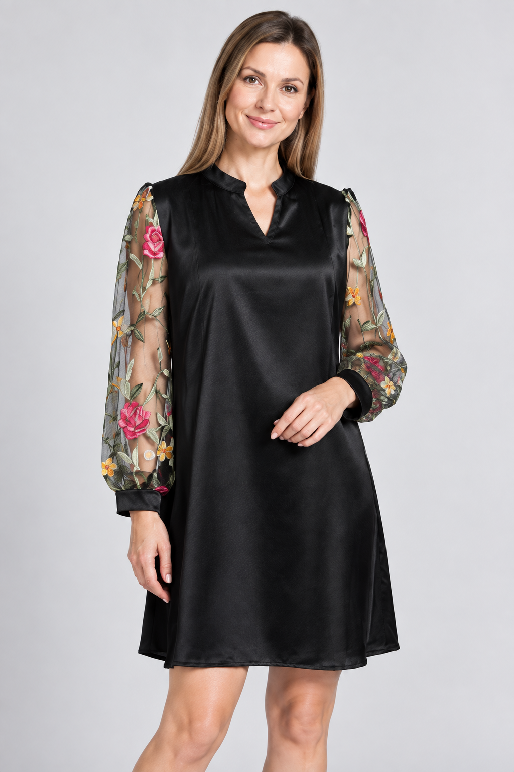 Božena | Black Midi Dress Featuring Floral Sleeves