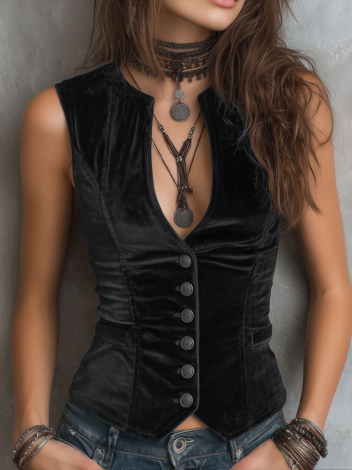 Retro V-Neck Velvet Gilet in Round Design