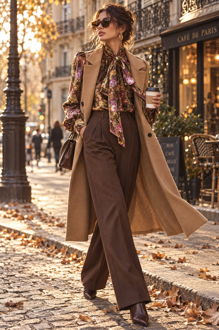 Floral Print Velvet Blouse with Neck Tie - Subtle Elegance