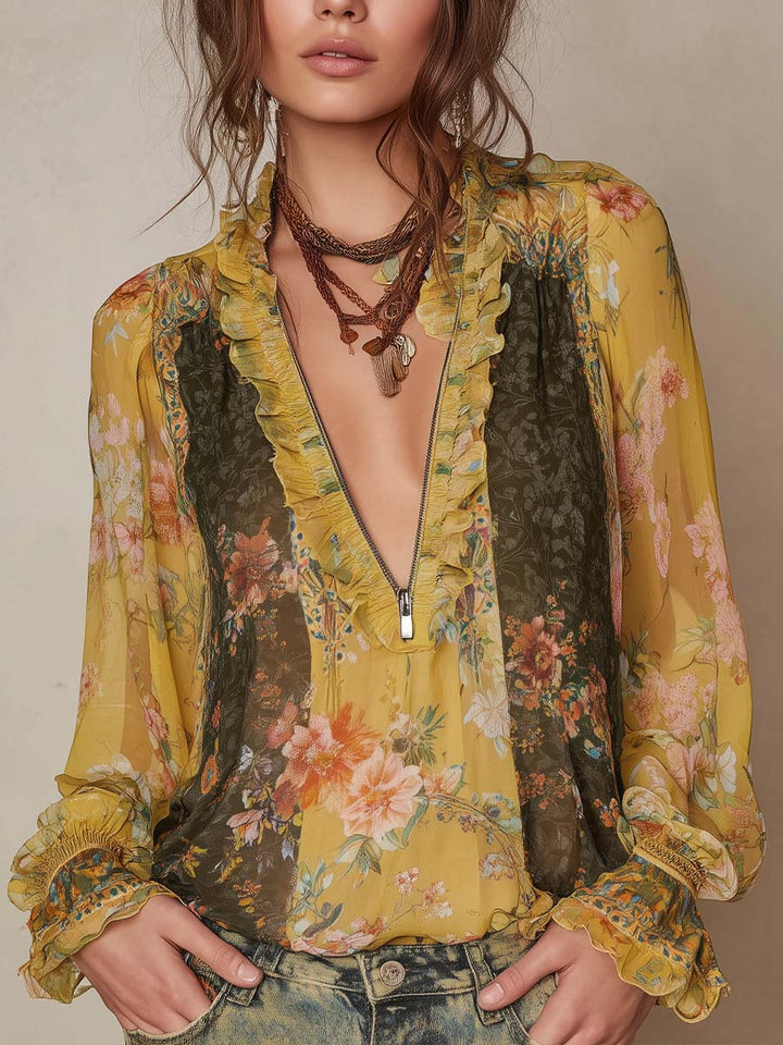 Striped Floral Satin Blouse with Zipper Detail