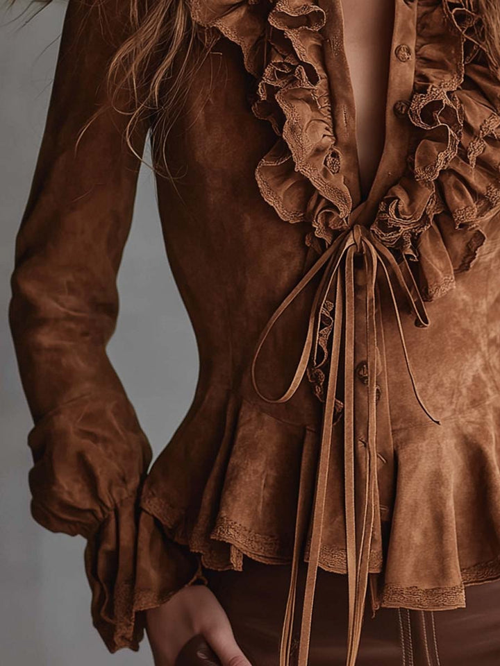 Retro Eco-Conscious Suede Blouse Featuring Lace Details