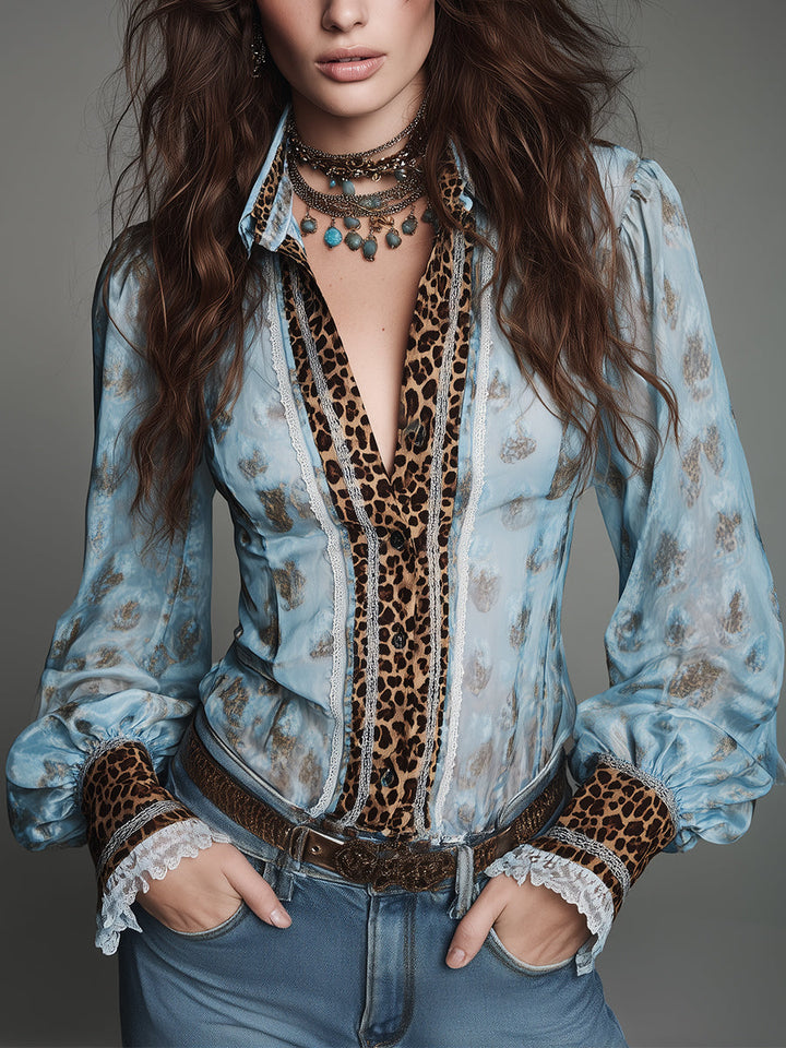 Vintage-Inspired Leopard Print Lace-Trimmed Short Sleeve Top