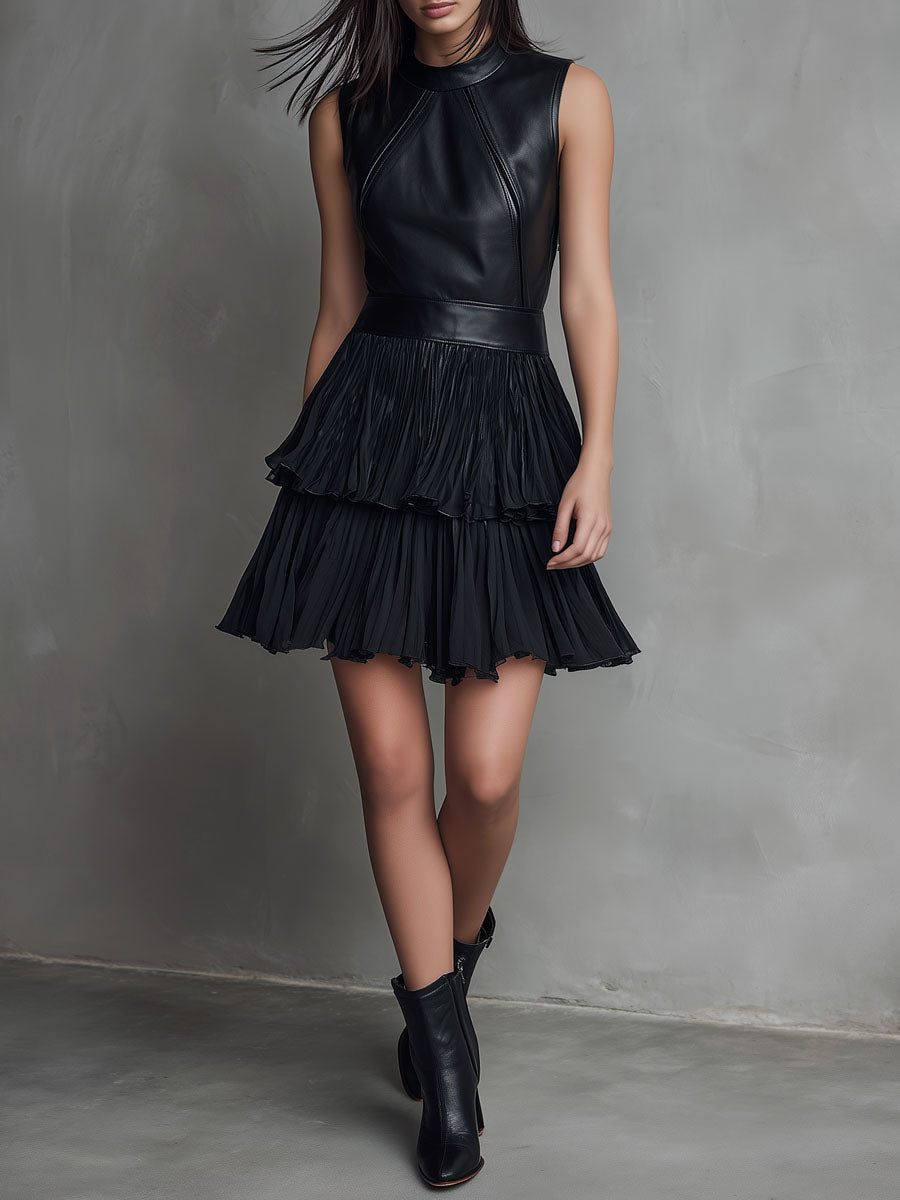 Chic Mini Dress in Luxe Black Eco-Leather with Pleated Satin Accents