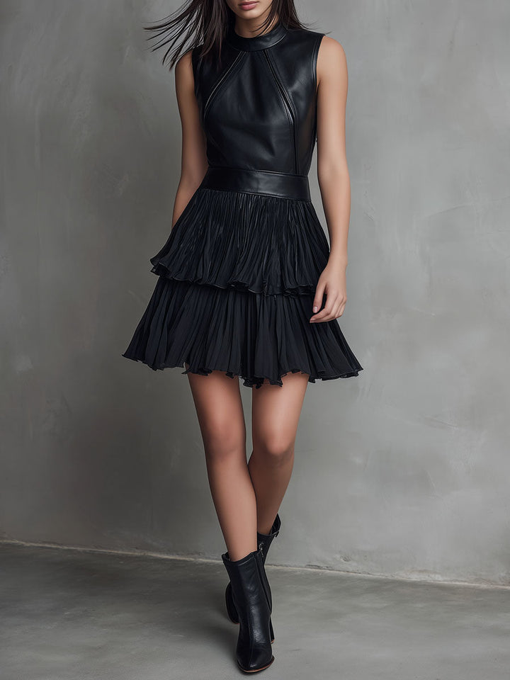Chic Mini Dress in Luxe Black Eco-Leather with Pleated Satin Accents