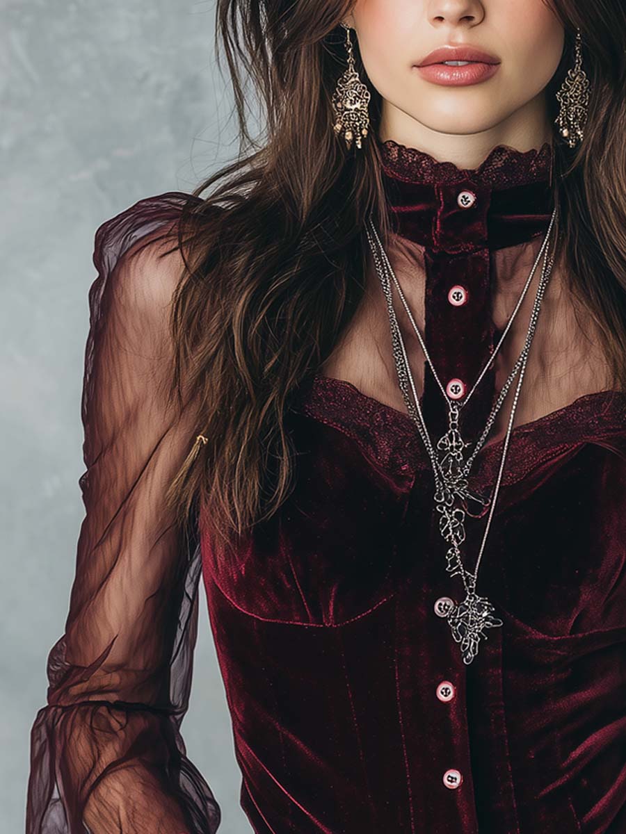 Vintage-Inspired Velvet Blouse with Sheer Sleeves
