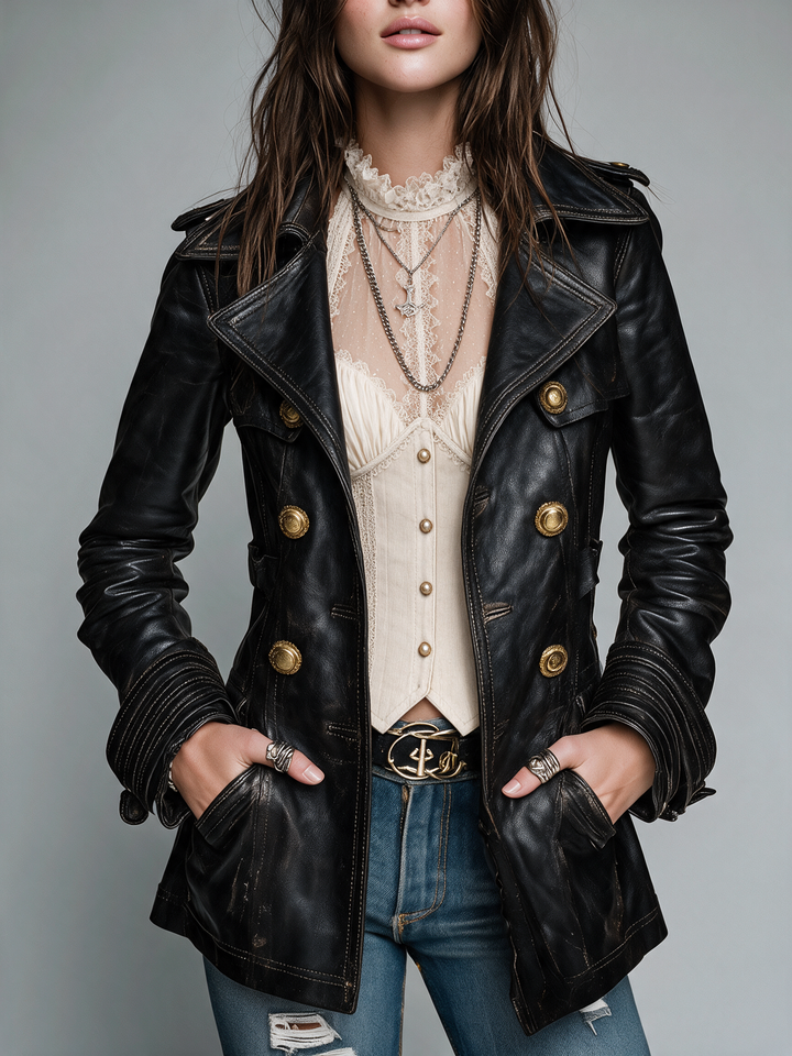Retro Black Faux Leather Double Jacket