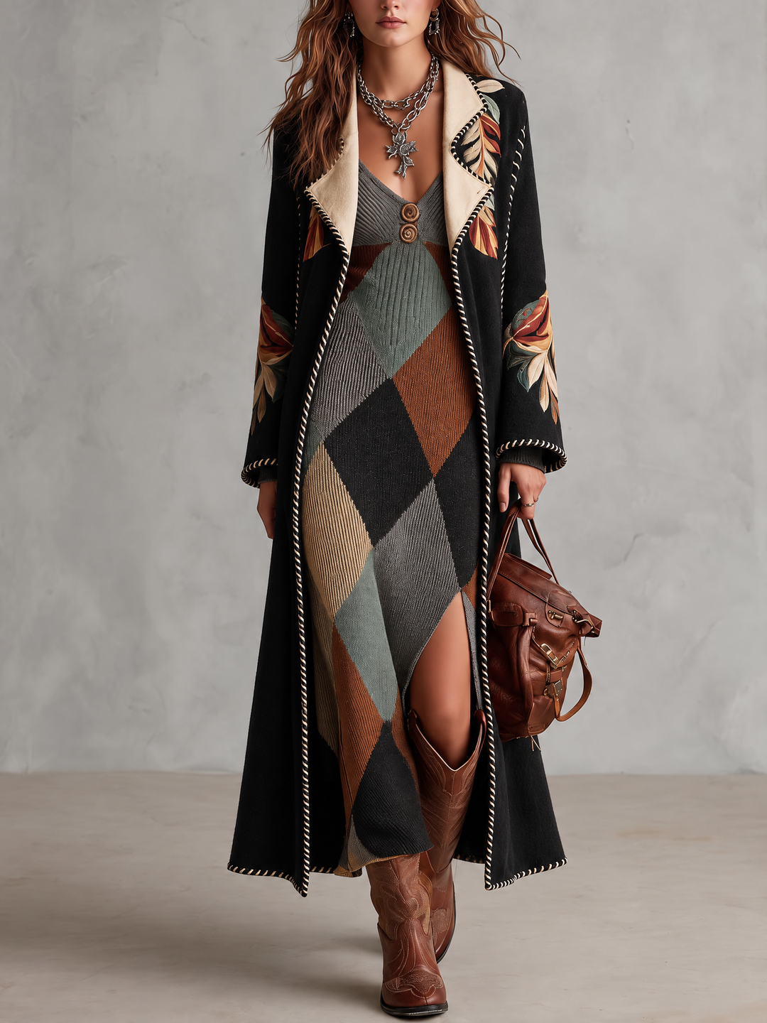 Argyle Pattern Retro Knit Midi Dress