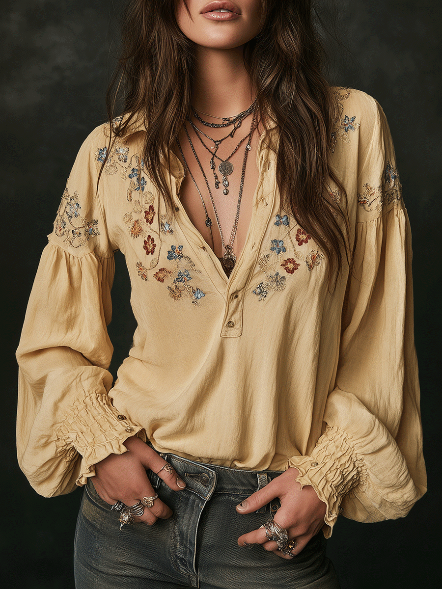 Everyday Cotton Shirt Featuring Yellow Floral Embroidery