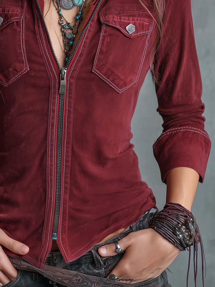 Retro Denim Shirt Featuring Zipper and Flash Pockets