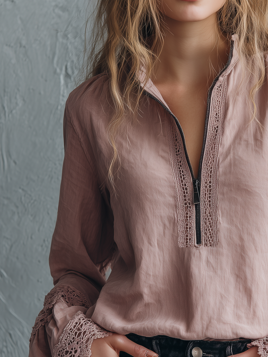 Retro Zip Collar Blouse with Lace Cuffs - Long Sleeve Style