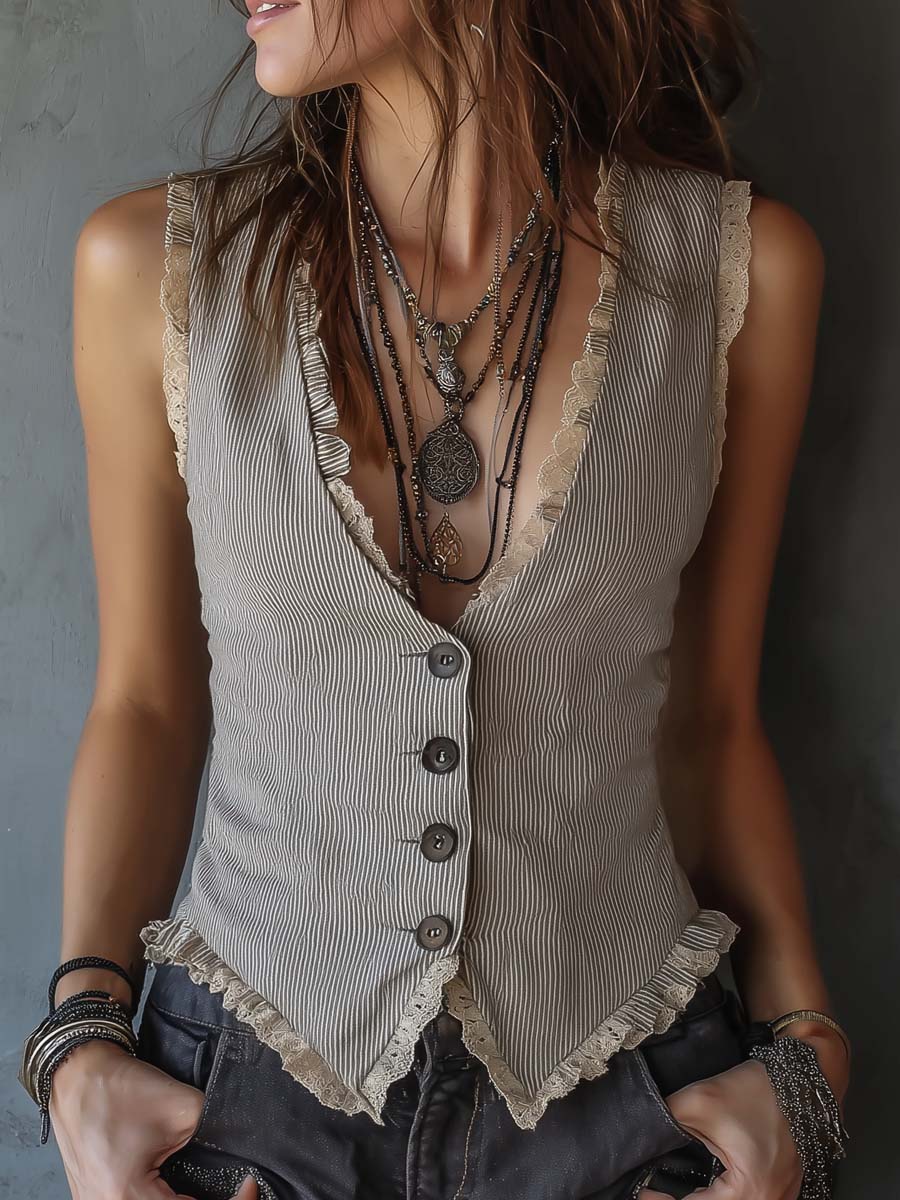 Retro Lace Striped Gilet