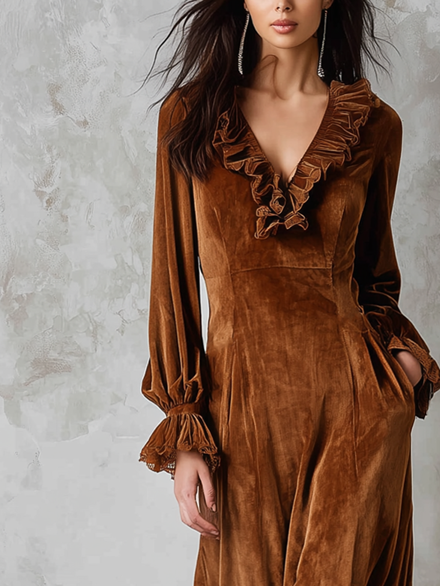Eco-Friendly Velvet Retro Midi Dress with Lace and Stitch Details