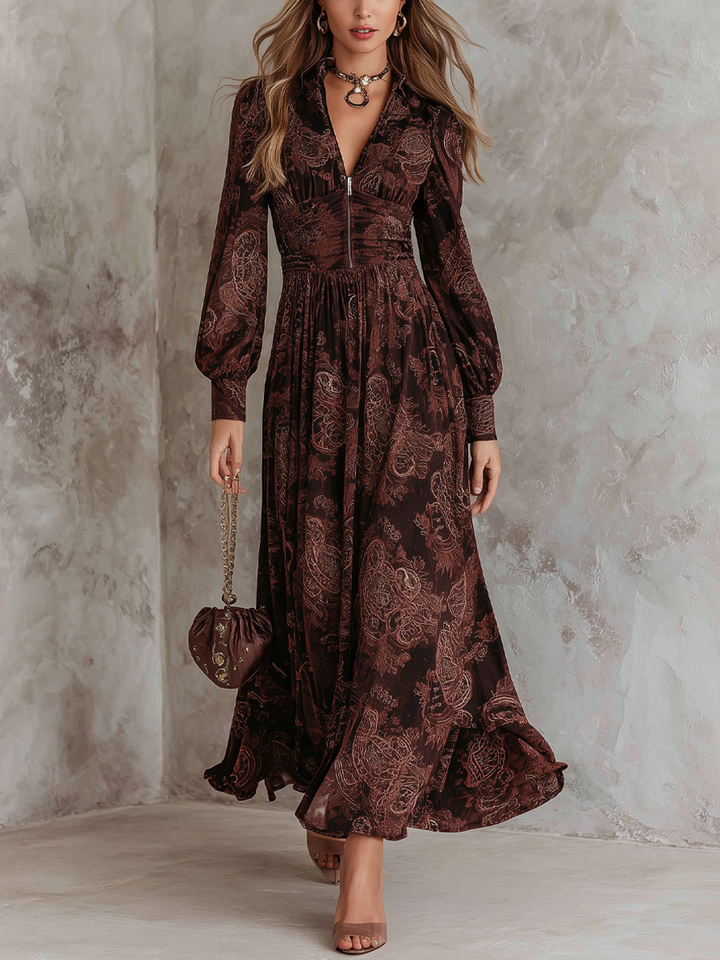 Paisley Print Retro Midi Dress with Long Sleeves and Zip Neck