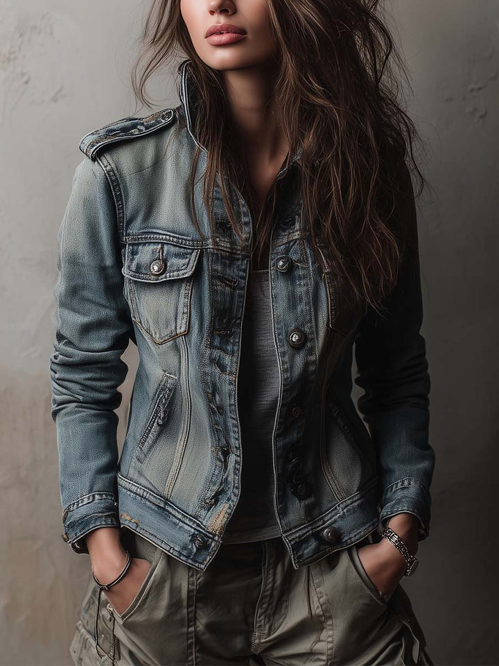 Distressed Denim Jacket with Layered Overlays