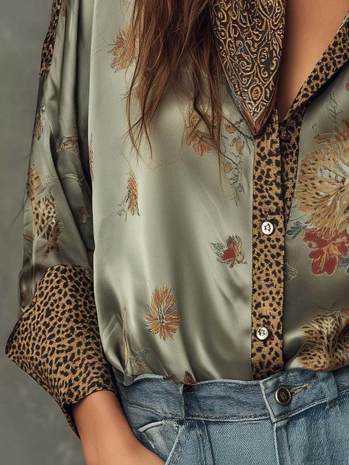 Floral Satin Blouse with Leopard Print Trim