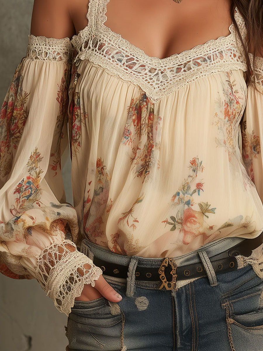 Retro Bohemian Floral Blouse with Lace Details and Off-Shoulder Design