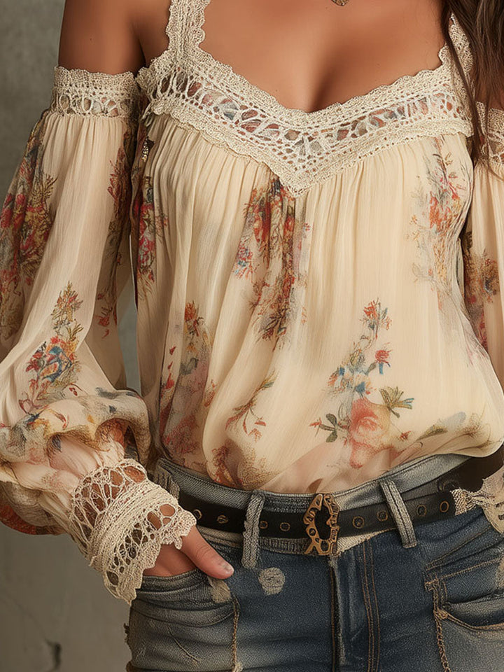 Retro Bohemian Floral Blouse with Lace Details and Off-Shoulder Design