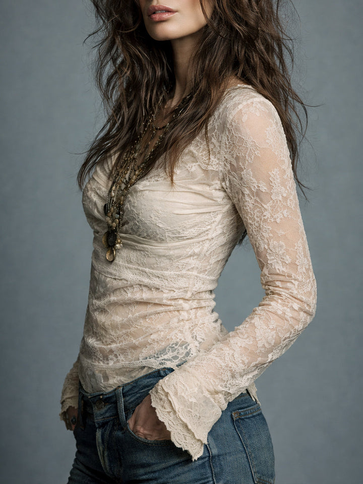 Retro Cowl Neck Blouse with Lace Accents and Long Sleeves
