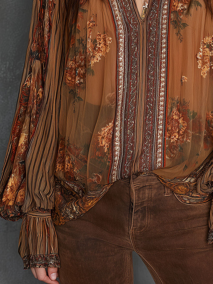 Retro Bohemian Sheer Floral Blouse with Puff Sleeves