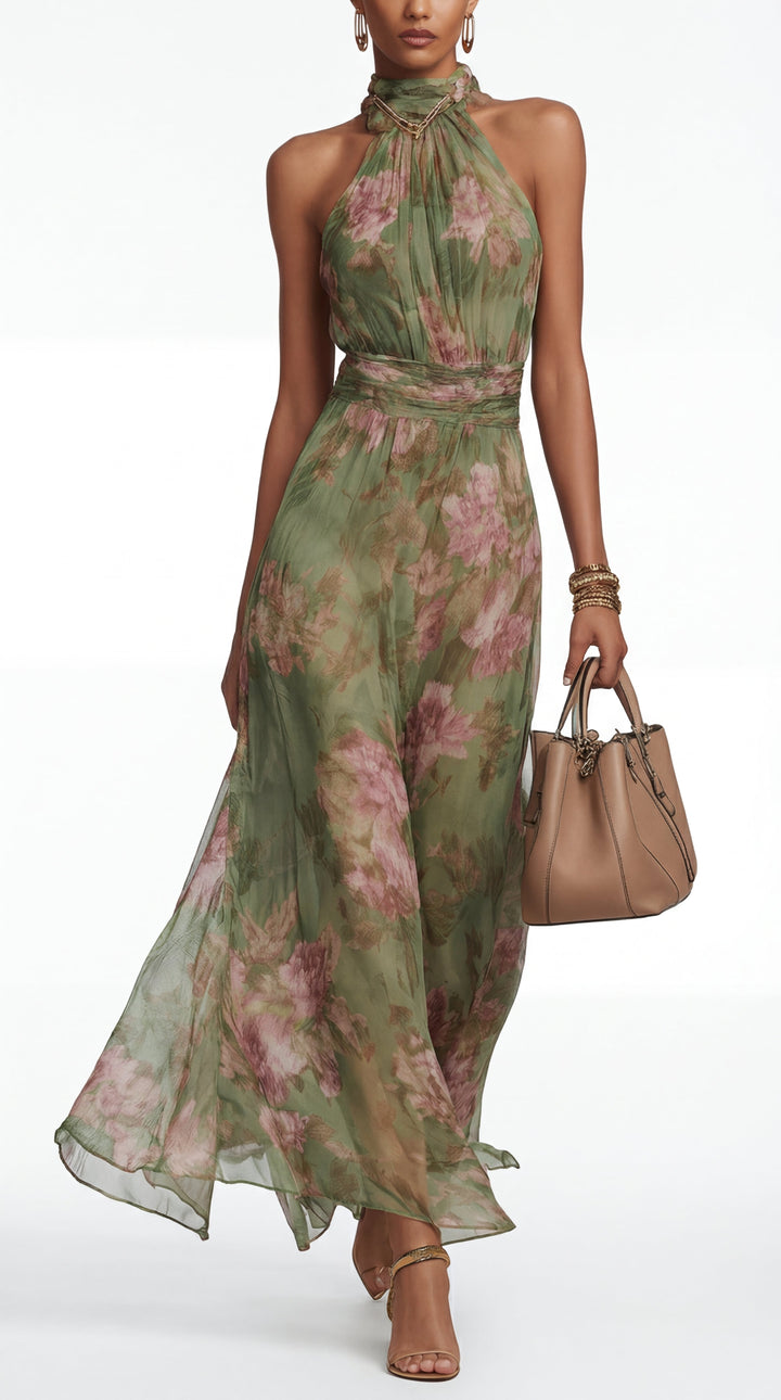 Livia™ | Elegant Floral Maxi Dress with Halter Neckline