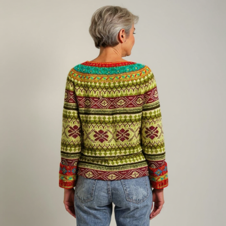 Bohemian Knit Sweater Featuring Green, Burgundy, and Turquoise Design