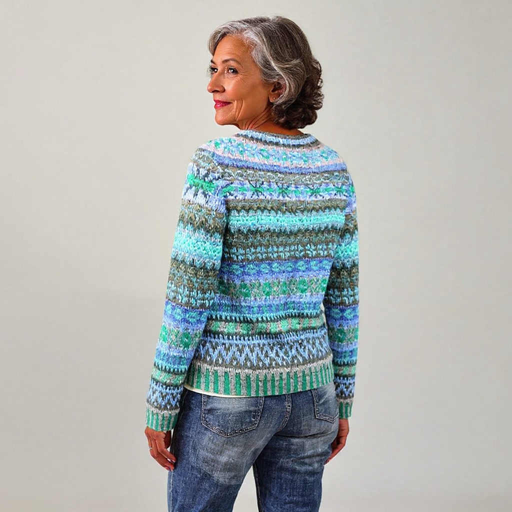 Intricately Patterned Knitted Jumper in Mint and Blue Shades