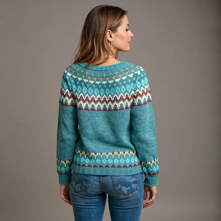Contrasting Pattern Petrol Blue Knitted Sweater