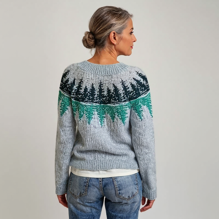 Grey Knit Sweater Featuring Green Forest Design