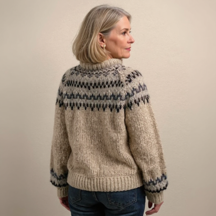 Earthy Toned Knitted Sweater with Decorative Neckline Pattern