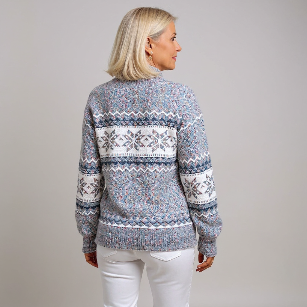 Pastel Toned High-Collar Knitted Sweater with Snowflake Design