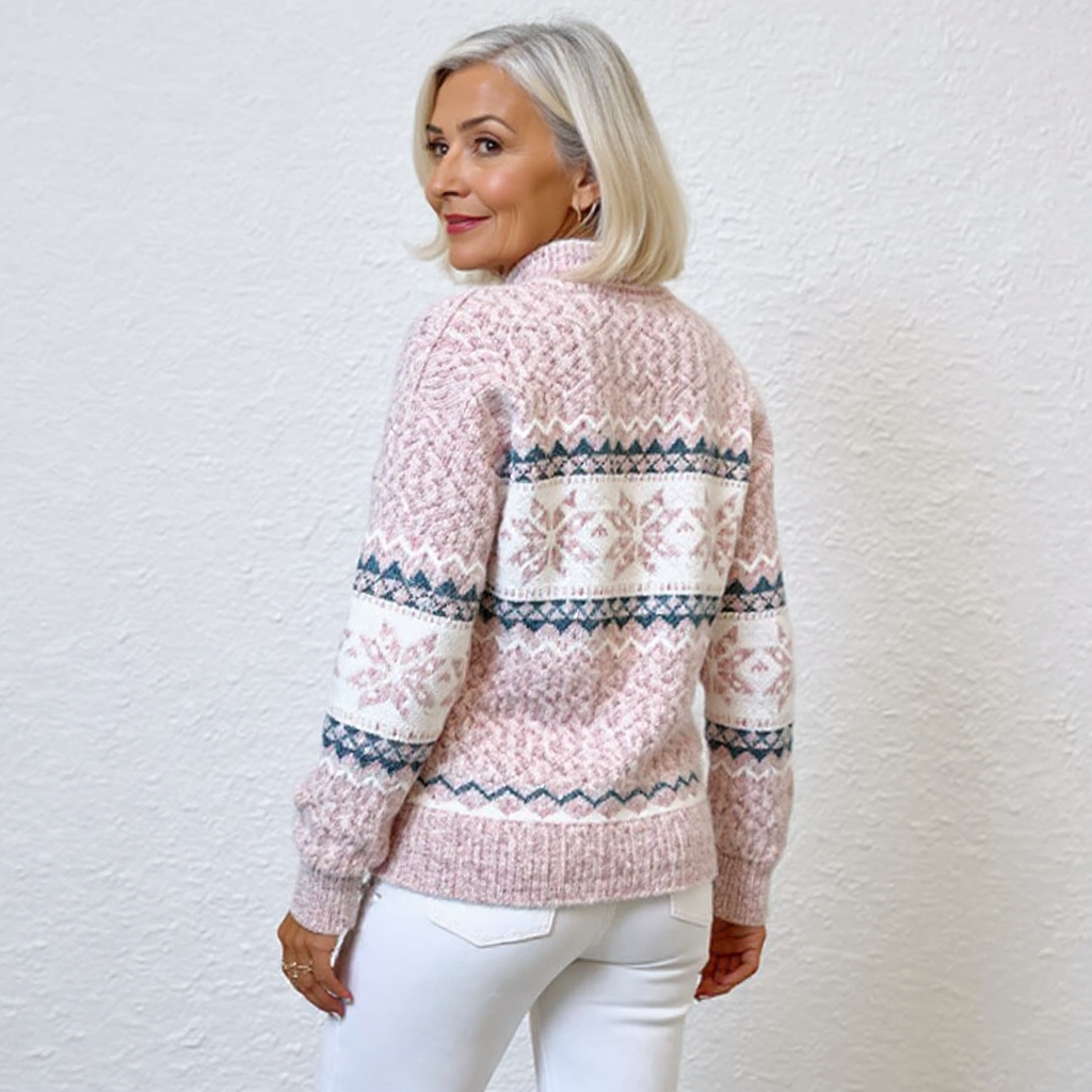 Pastel Toned High-Collar Knitted Sweater with Snowflake Design