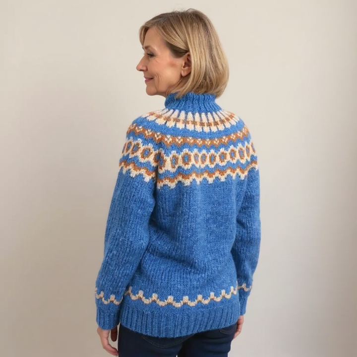Earthy Toned Nordic Pattern Roll Neck Knitted Sweater