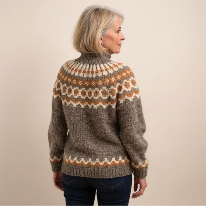 Earthy Toned Nordic Pattern Roll Neck Knitted Sweater